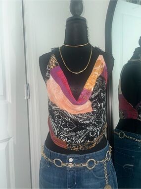 Free People Black Multicolor Paisley Cowl-Neck Tank Top